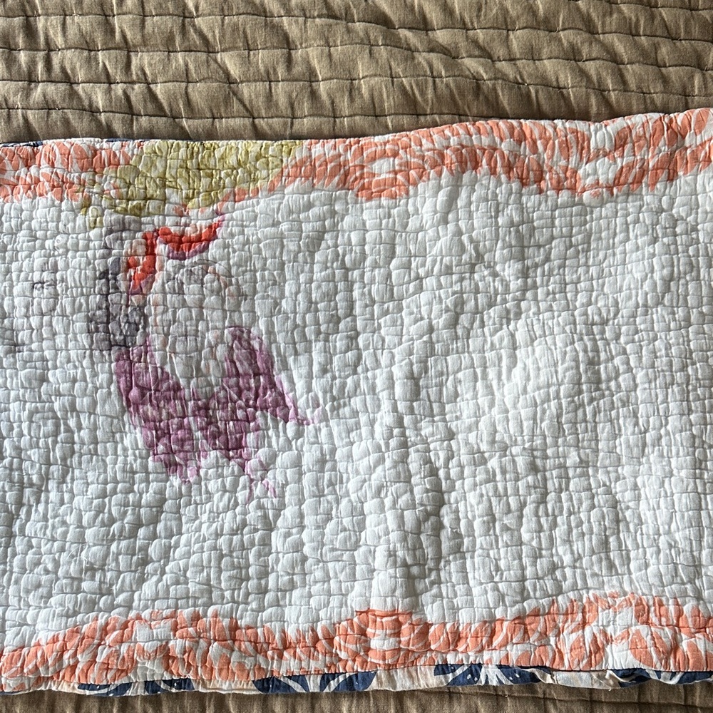Anthropologie Woodblock White Quilted Floral Sham Cover Coral Trim